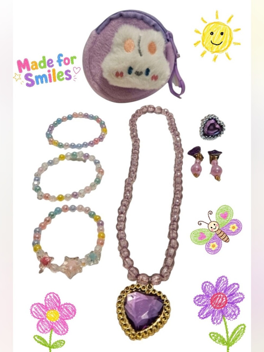 Purple Heart Beaded Girl's Jewelry Bundle (7 Items)